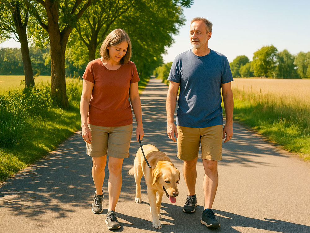 Walking a dog on a sunny day