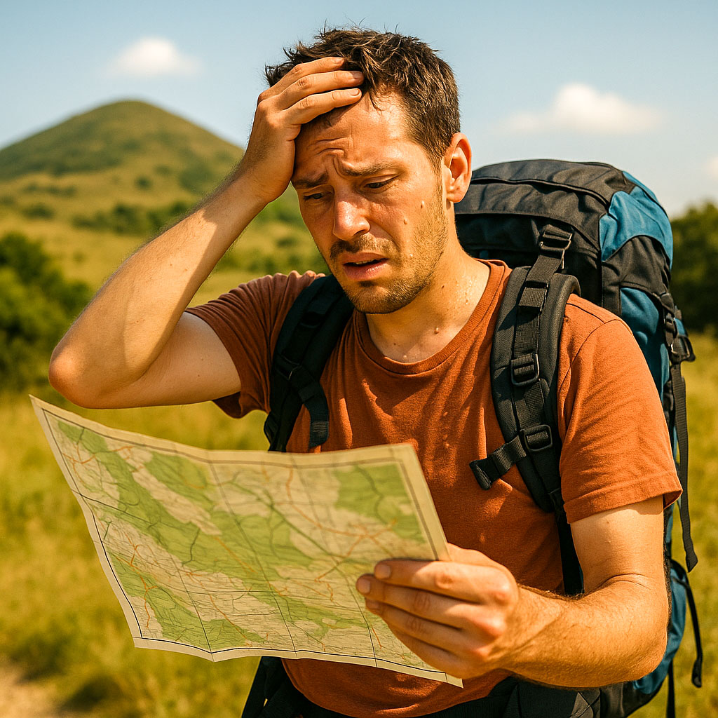 A dehydrated confused hiker trying to work out where he is on the map