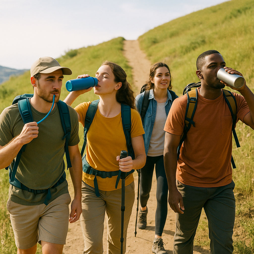 A group of hikers walking up a hill. One is sipping water from his hydration bladder, while two others are sipping water from their water bottles.