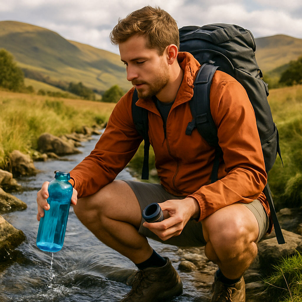 A hiker stood at the side of a stream refilling his water bottle