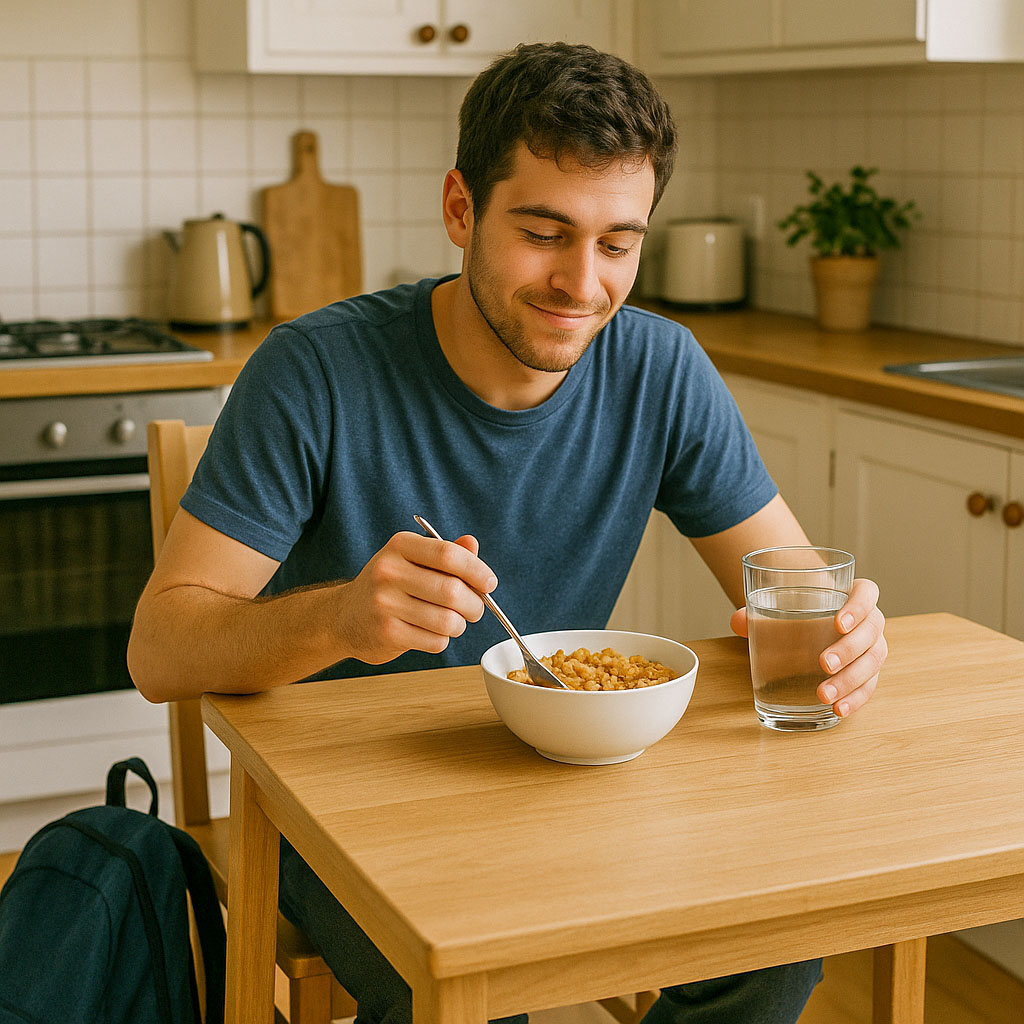 A hiker sat having his breakfast at his kitchen table, pre hike, with a drink of water in his hand