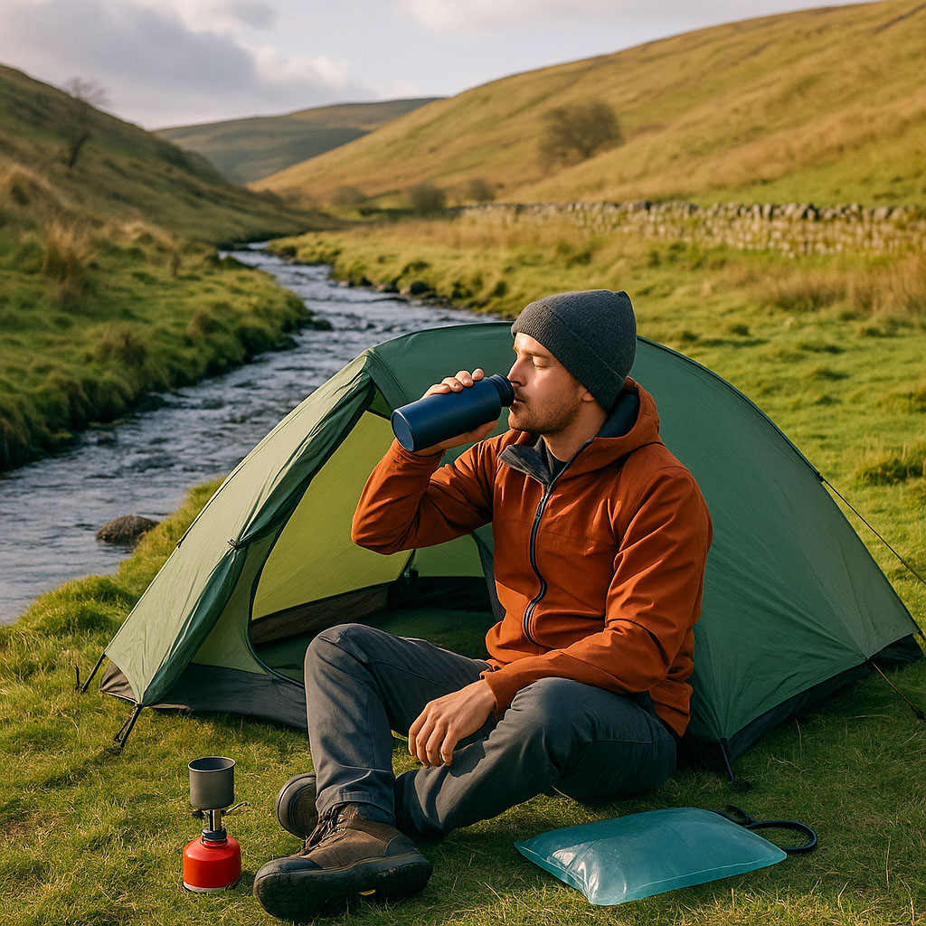 A hiker sat by his tent on his overnight camp spot. He is camped by a river with his hydration bladder full on the floor and sipping some water from his water bottle.
