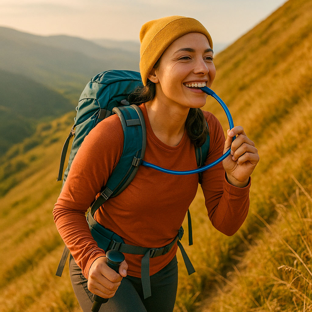 A hiker smiling and hydrated as she sips water from the hydration bladder in her rucksack