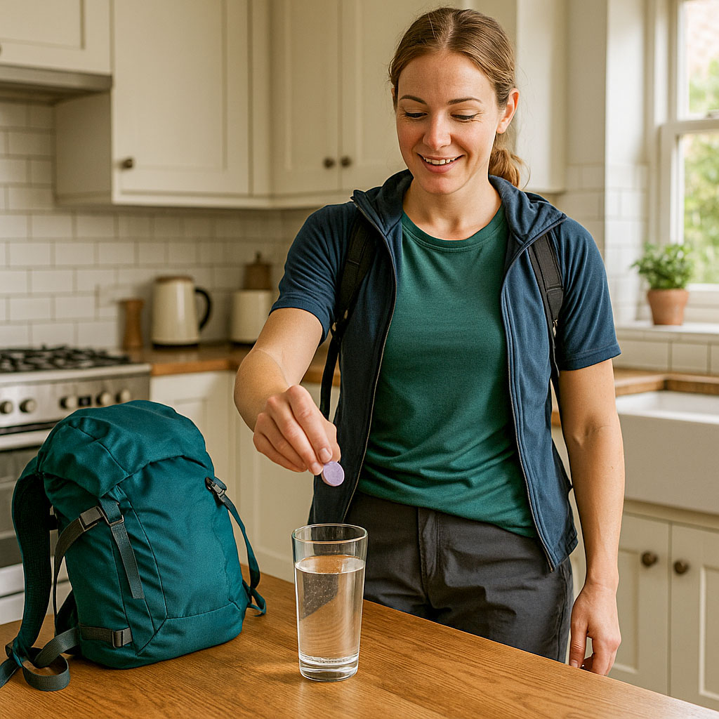 A hiker stood in her kitchen post hike, dropping an electrolyte tab into a glass of water