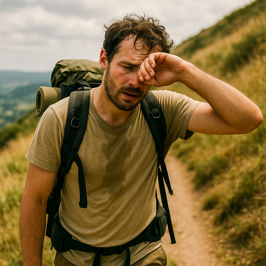 A hiker sweating, tired and dehydrated walking uphill along a path