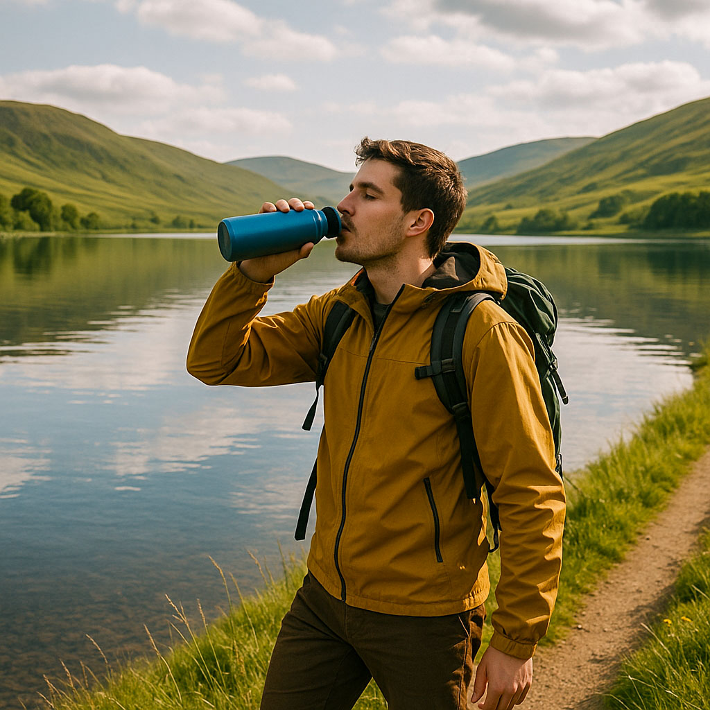 A hiker walking alongside a lake, taking a drink from his water bottle