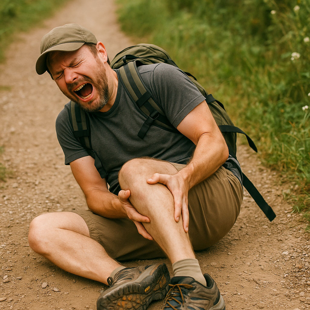 A hiker who has fallen down in pain holding the back of his leg due to severe leg cramps