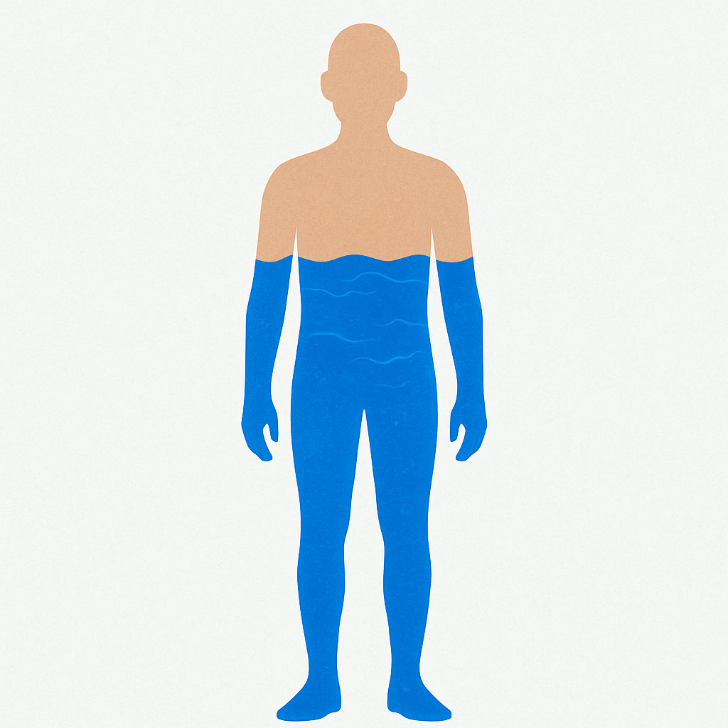 A diagram of a human body with the bottom two thirds filled in with water