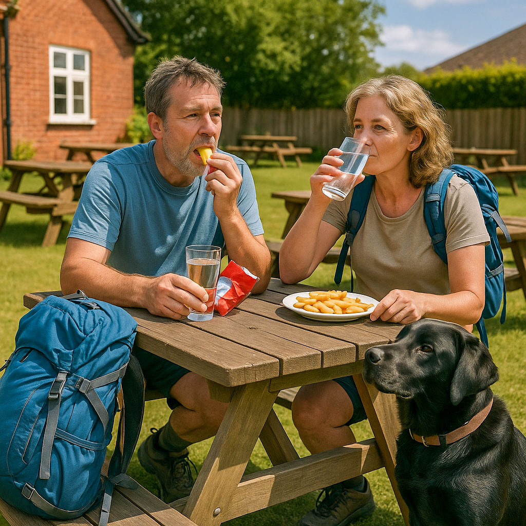 Two hikers sat in a pub garden post walk with their dog. One is eating salty crisps with a drink of water in his hand, the other is drinking her water with a plate of salty chips on the table in front of her.