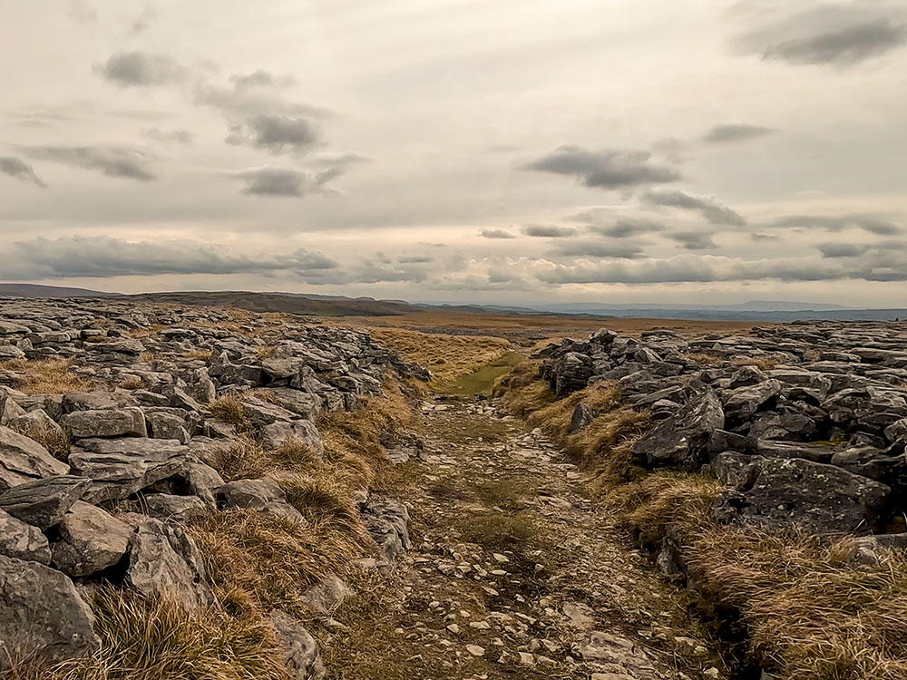 The path heading back through limestone pavements and outcrops