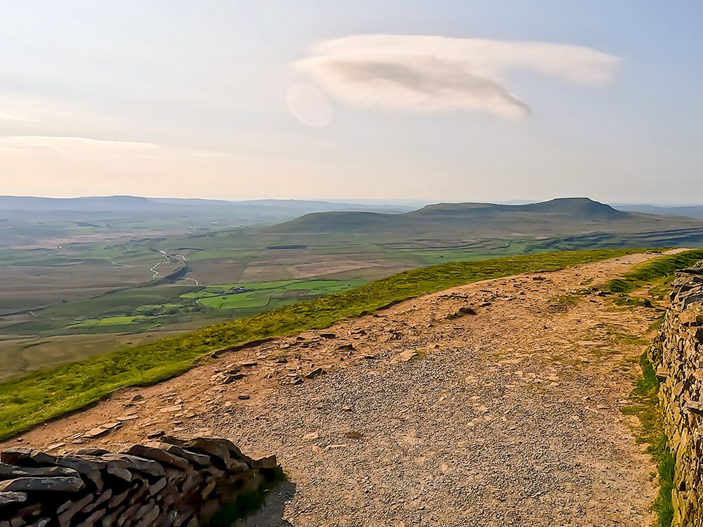 Pen-y-ghent, the Ribblehead Viaduct and Ingleborough from the summit of Whernside