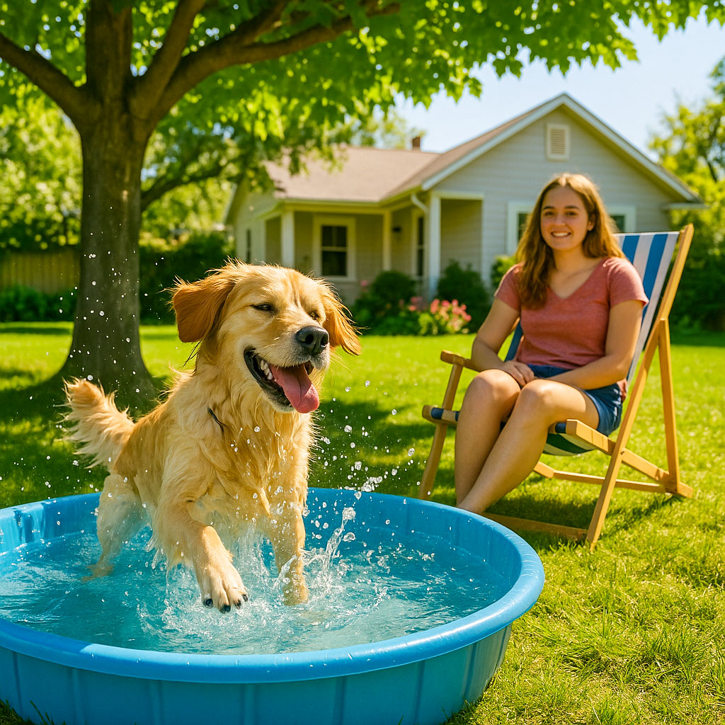 A dog splashing about in a dog-friendly paddling pool in the shade of a tree in a garden, with the owner sat nearby watching on