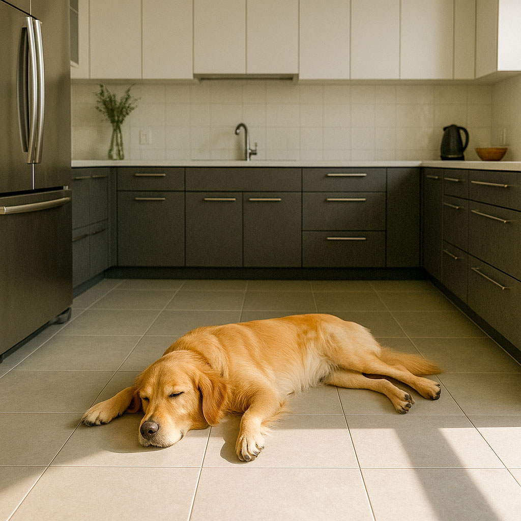 A labrador laid out alseep on the cool tiles of a kitchen floor