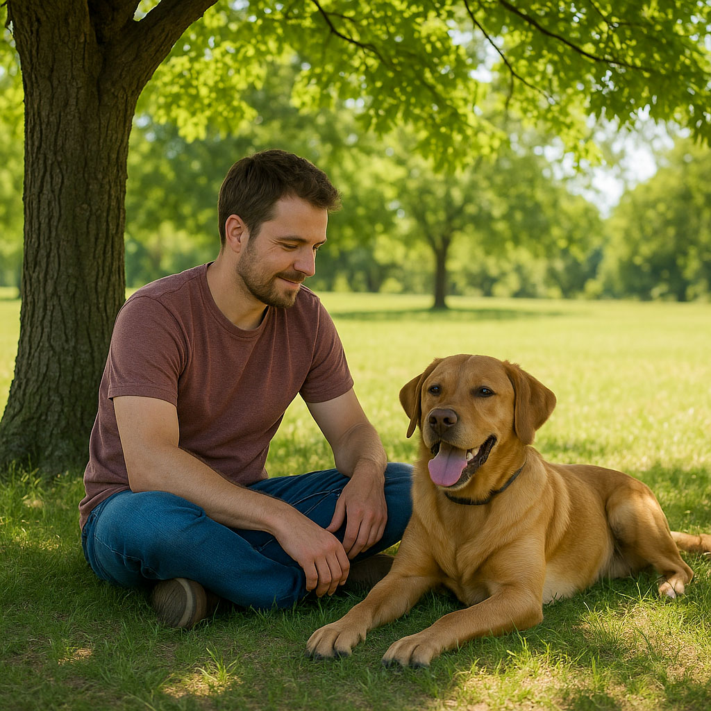 A man sat under the shade of a tree with his dog laid down beside him