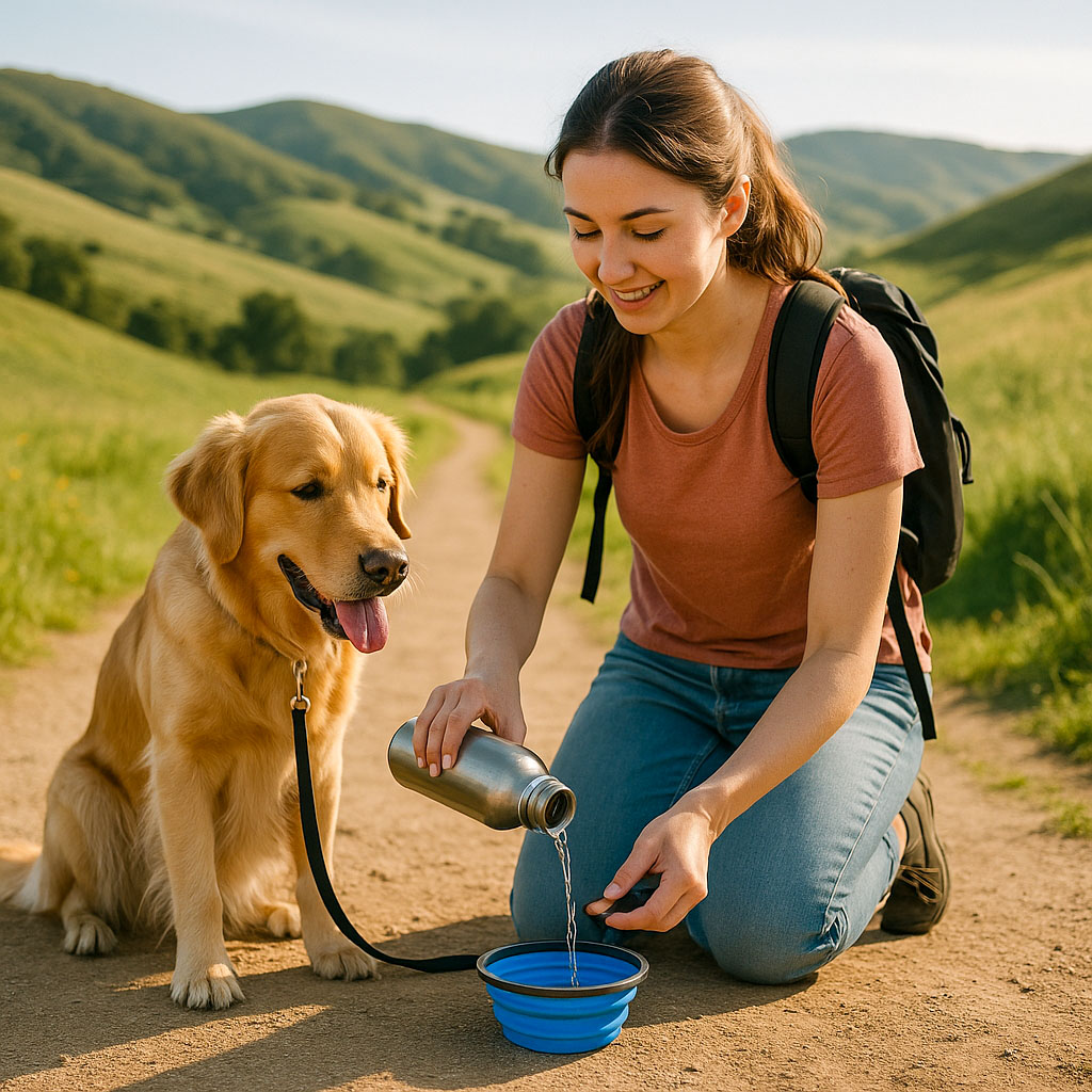 A young girl on a walk with her dog on a sunny day. She has stopped and is pouring water from her water bottle into a collapsible dog bowl for her dog to drink.