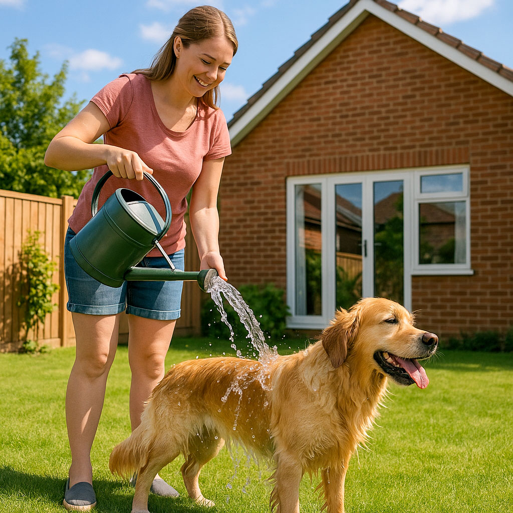 A woman in her garden with her dog on a hot day. She is pouring water over the back of a dog from a watering can
