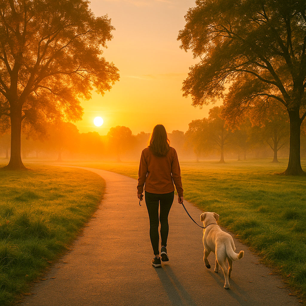A woman taking her dog for a walk at sunrise