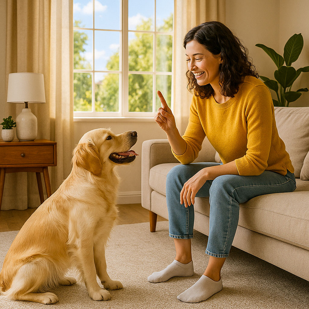 A lady sat on a sofa indoors teaching her dog to sit