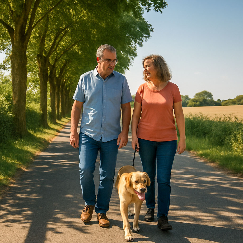 A couple walking their dog down a road in the shade of some trees