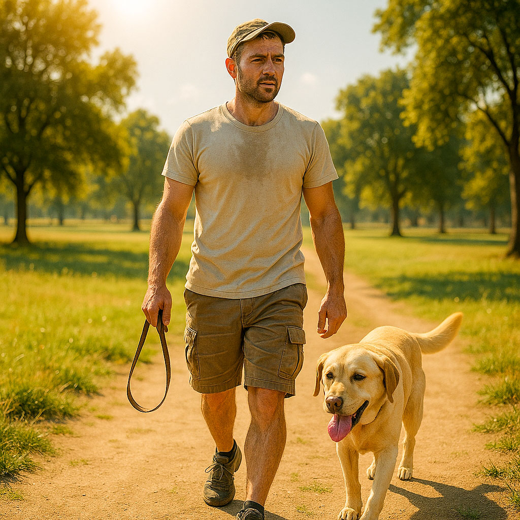 A man walking his dog through a park on a hot and sunny day