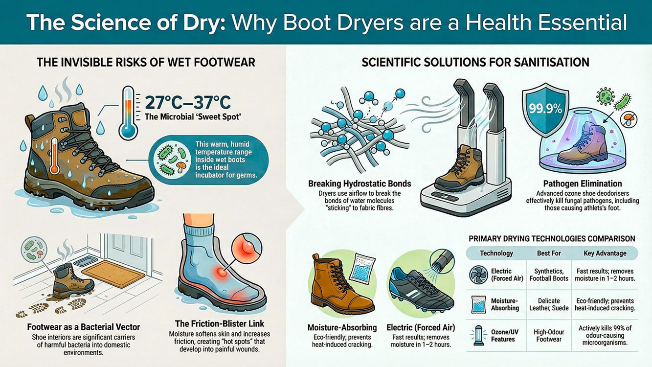 A technical infographic detailing essential boot dryer features such as smart timers, customisable heat settings for Gore-Tex safe drying, and enhanced airflow. It provides safety tips, including proper ventilation, regular maintenance, and the use of external timers.