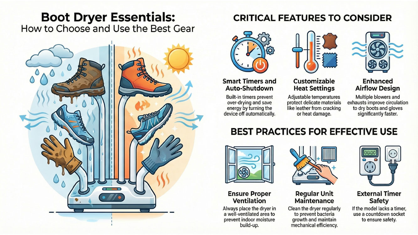 A comprehensive guide showing boot dryer use cases for outdoor occupations, student athletes, and pet owners in the UK. It includes a comparison table between electric dryers for synthetics and sports gear versus moisture absorbers for leather and delicate footwear.