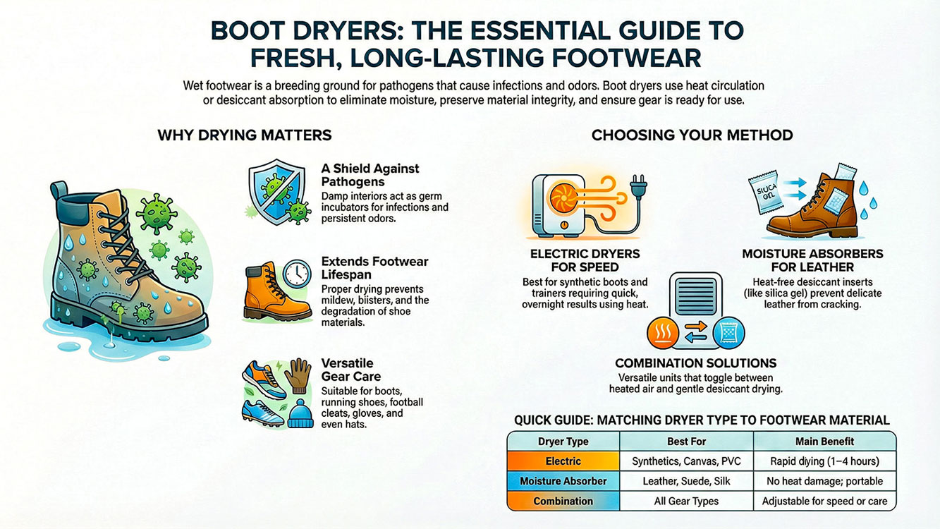 An expert guide outlining why drying footwear matters for extending boot lifespan and gear care. Features a quick-reference material-matching table for selecting electric, moisture-absorbing, or combination drying solutions for leather, canvas, and synthetic materials.