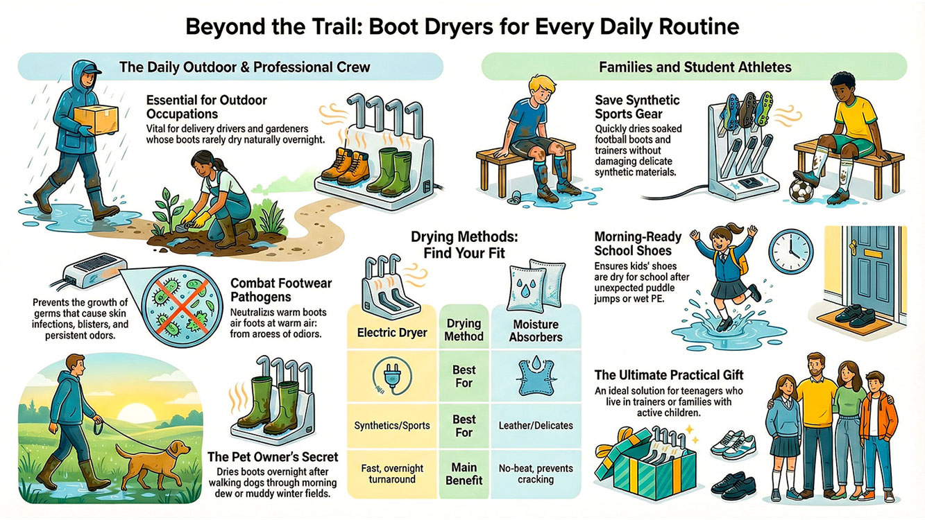 A detailed scientific infographic explaining how boot dryers prevent footwear pathogens and athlete's foot. It highlights the 27&deg;C-37&deg;C microbial 'sweet spot', footwear as a bacterial vector, and compares drying technologies, such as thermal convection vs forced air, and ozone sanitisation.