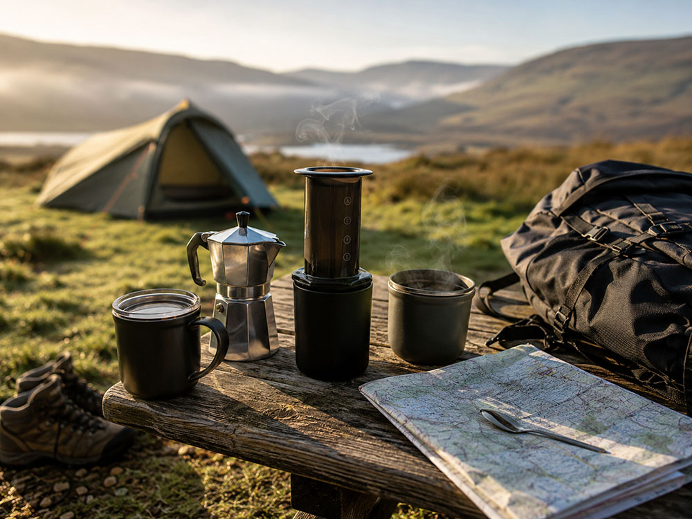 UK campsite scene showing a compact outdoor coffee setup with an AeroPress-style brewer, moka pot, insulated mugs, walking boots, map and rucksack at sunrise.