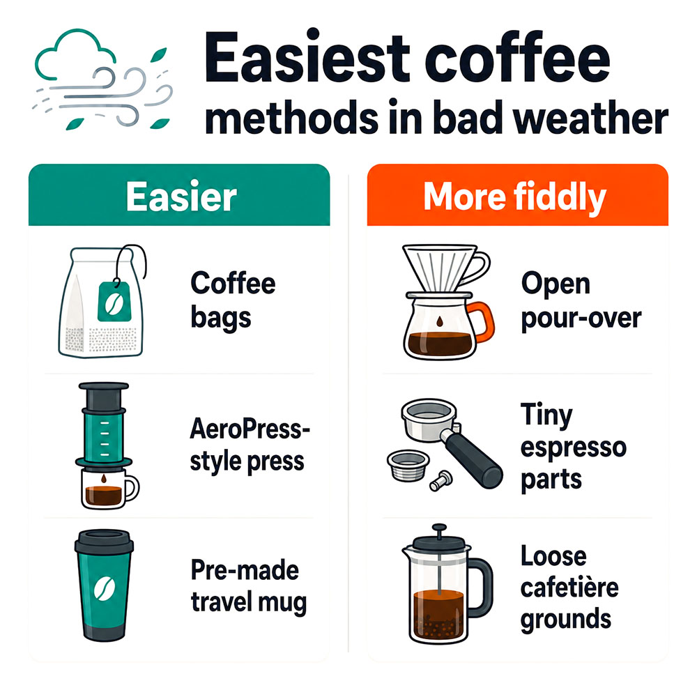 Infographic comparing easier and more fiddly coffee methods in bad weather, showing coffee bags, AeroPress-style press and pre-made travel mug against open pour-over, espresso parts and loose cafetière grounds.