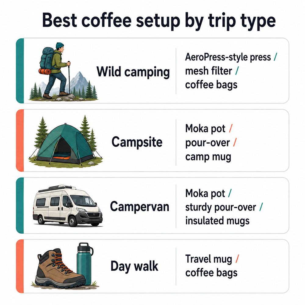 Infographic showing the best outdoor coffee setup for wild camping, campsites, campervans and day walks, including press brewers, mesh filters, moka pots, camp mugs and travel mugs.