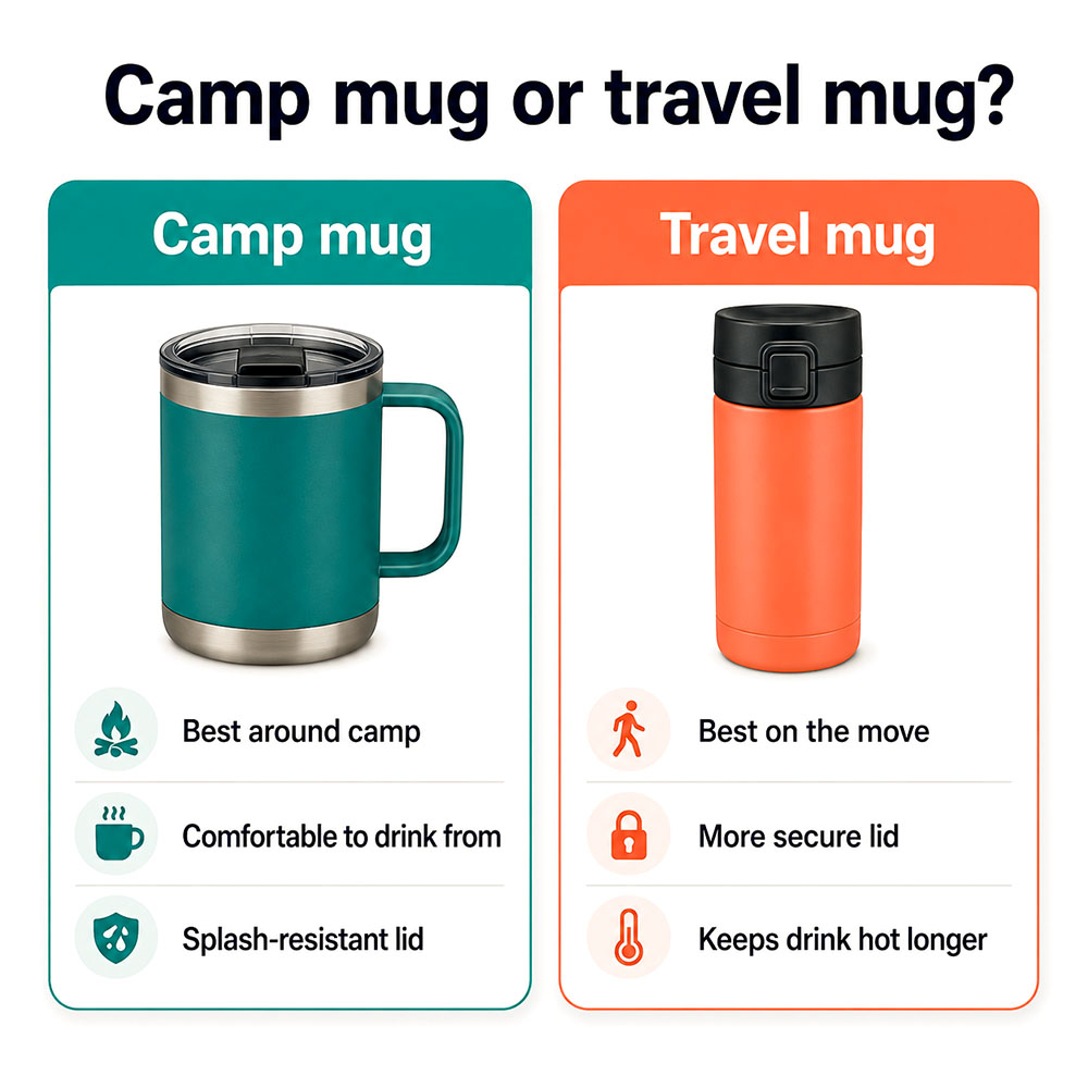 Infographic comparing an insulated camp mug and a sealed travel mug, showing which is best around camp and which is better for carrying hot coffee on a walk.
