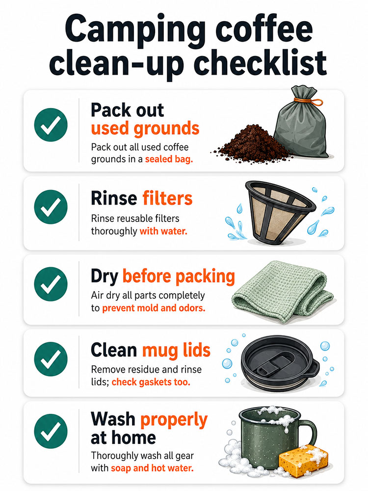 Vertical infographic checklist showing how to clean camping coffee kit responsibly: pack out used grounds, rinse filters, dry before packing, clean mug lids and wash properly at home.