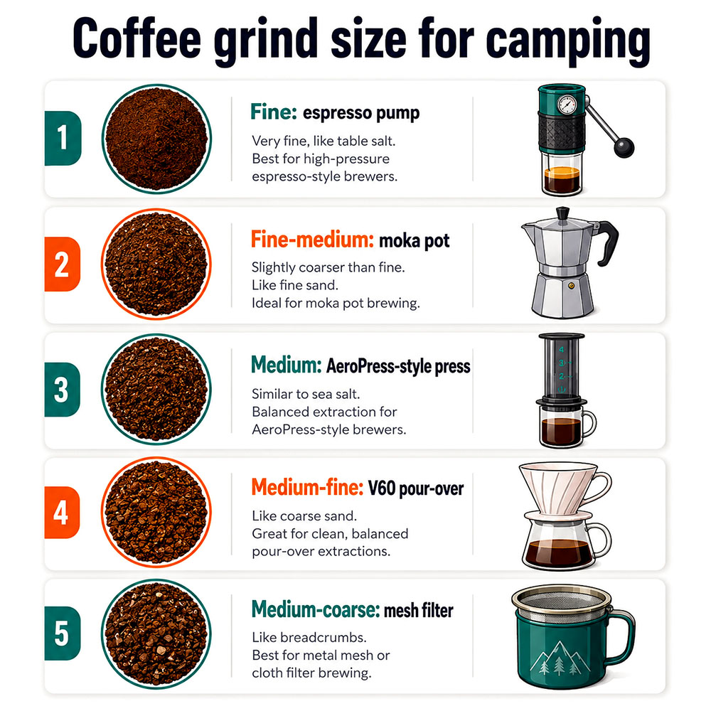 Infographic guide to coffee grind size for camping coffee makers, covering fine espresso pump grind, fine-medium moka pot grind, medium AeroPress-style grind, medium-fine V60 grind and medium-coarse mesh filter grind.