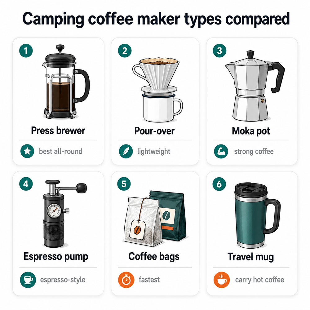 Infographic comparing six camping coffee maker types: press brewer, pour-over, moka pot, espresso pump, coffee bags and travel mug, with quick practical use notes for walkers and campers.