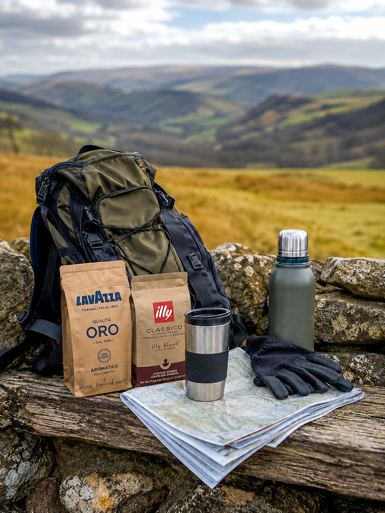 Day-walk coffee backup kit with plain coffee bags, insulated travel mug, hot-water flask, gloves, walking map and rucksack on a rustic bench in rolling UK countryside.