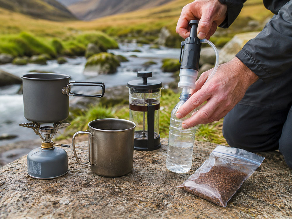 Photorealistic outdoor scene showing a walker filtering stream water before making camping coffee, with a compact water filter, stove, mug, coffee press and ground coffee in a UK upland setting.