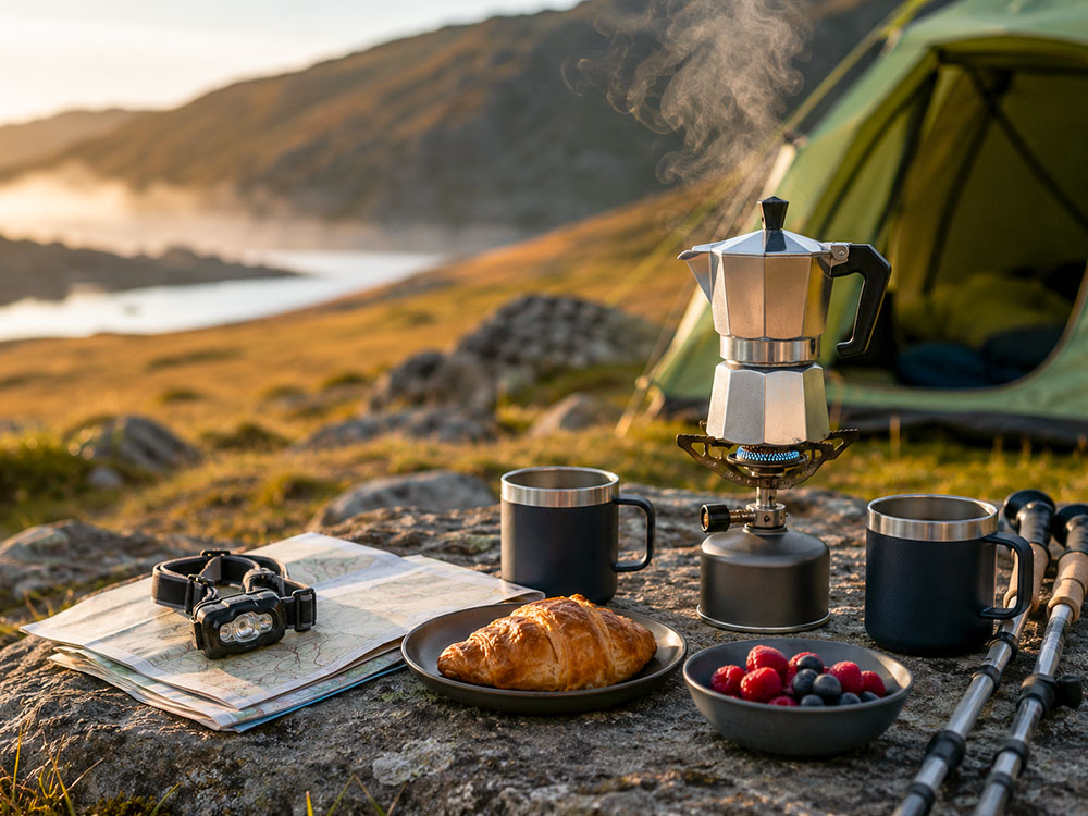 Campsite breakfast scene with a moka pot brewing on a camping stove, two insulated mugs, walking map, headtorch, hiking poles, croissant and berries beside a tent in morning light.
