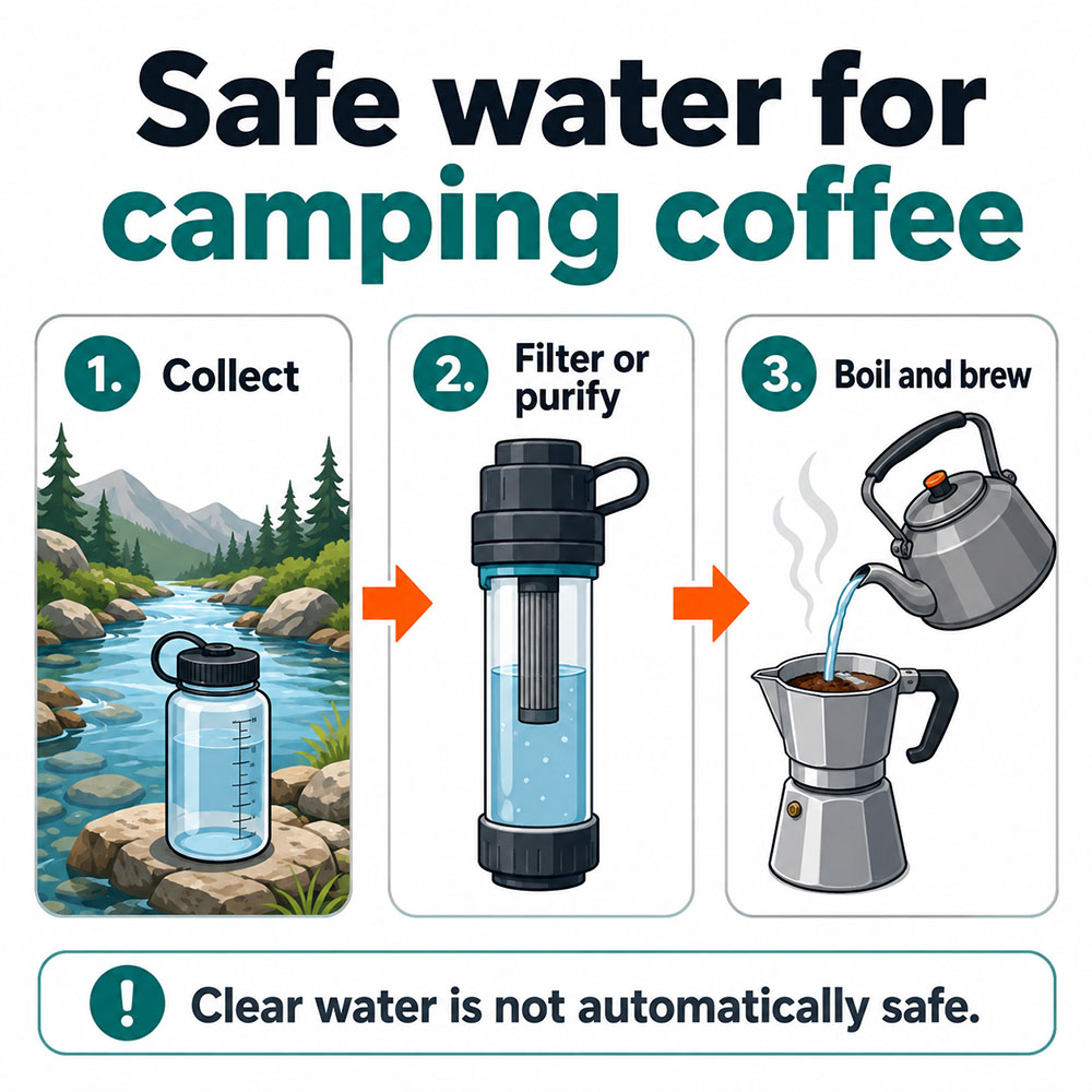 Infographic explaining the three key steps for safe camping coffee water: collect water, filter or purify it, then boil and brew, with a reminder that clear water is not automatically safe.