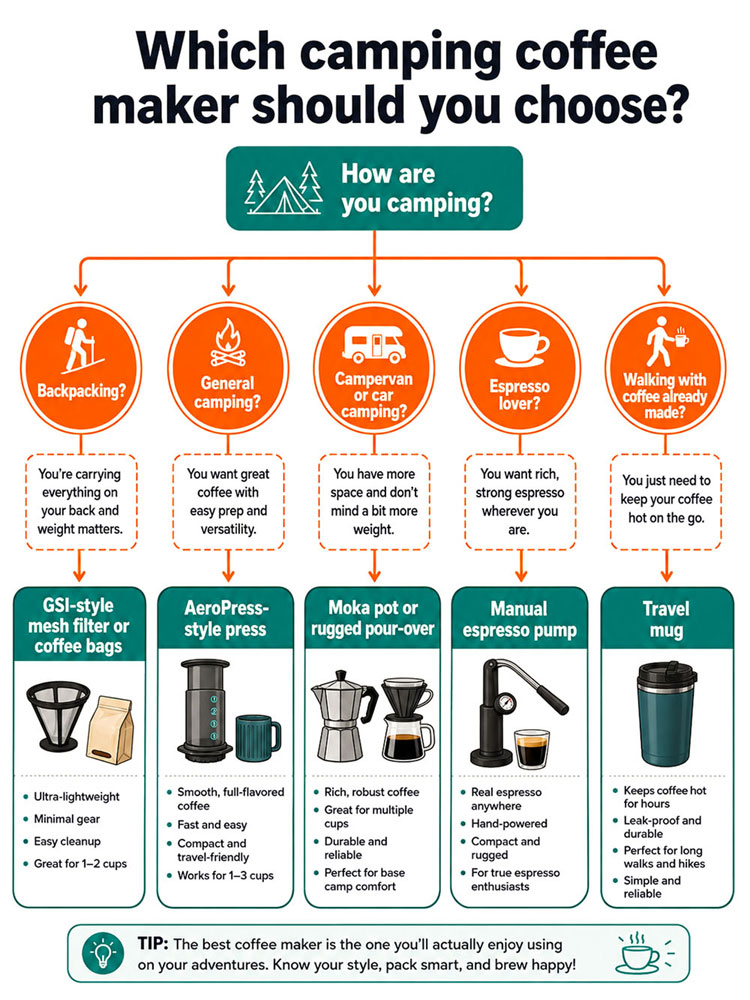Decision flowchart infographic helping walkers and campers choose between a mesh filter, coffee bags, AeroPress-style press, moka pot, rugged pour-over, manual espresso pump or travel mug.