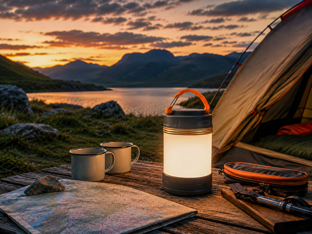 Modern rechargeable camping lantern glowing beside a tent, walking map and mugs at a lakeside campsite at sunset.