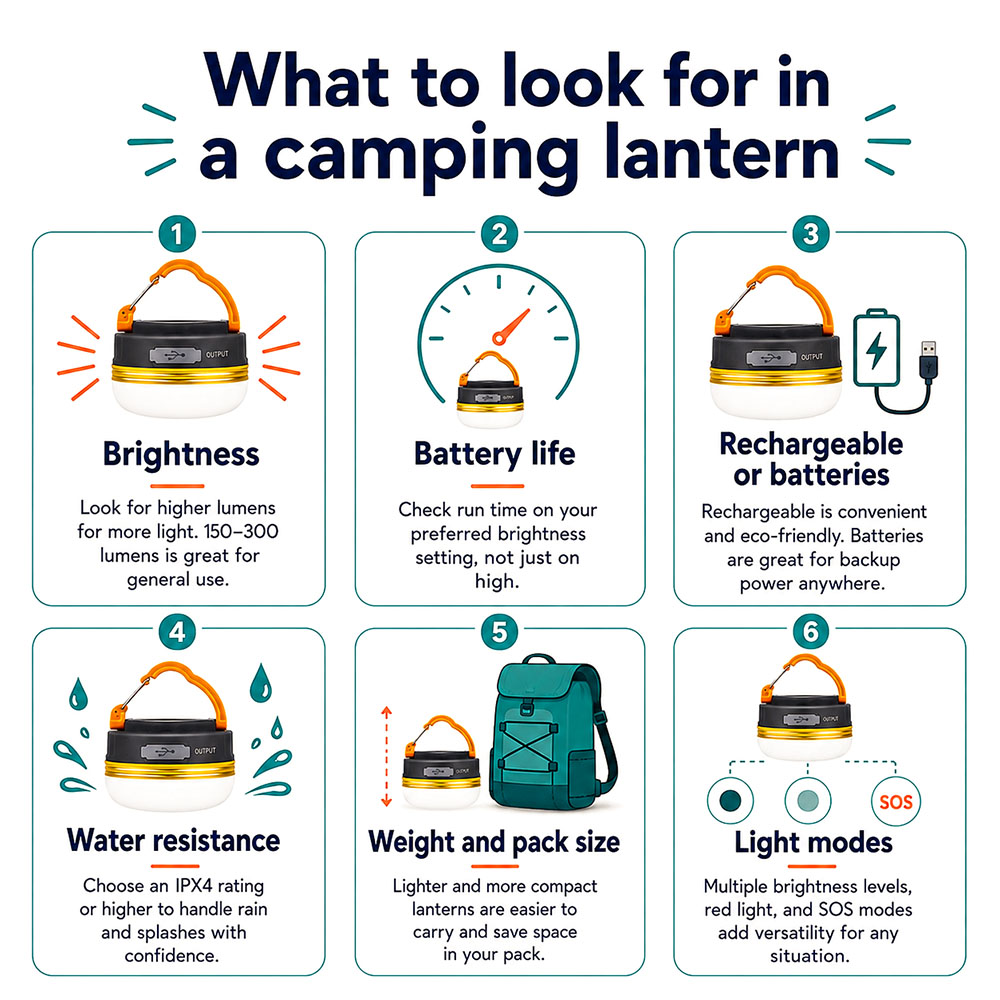 Camping lantern buying checklist infographic showing brightness, battery life, power source, water resistance, pack size and light modes.