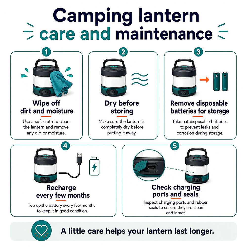 Infographic showing camping lantern care steps including wiping clean, drying, checking ports, removing batteries and recharging.