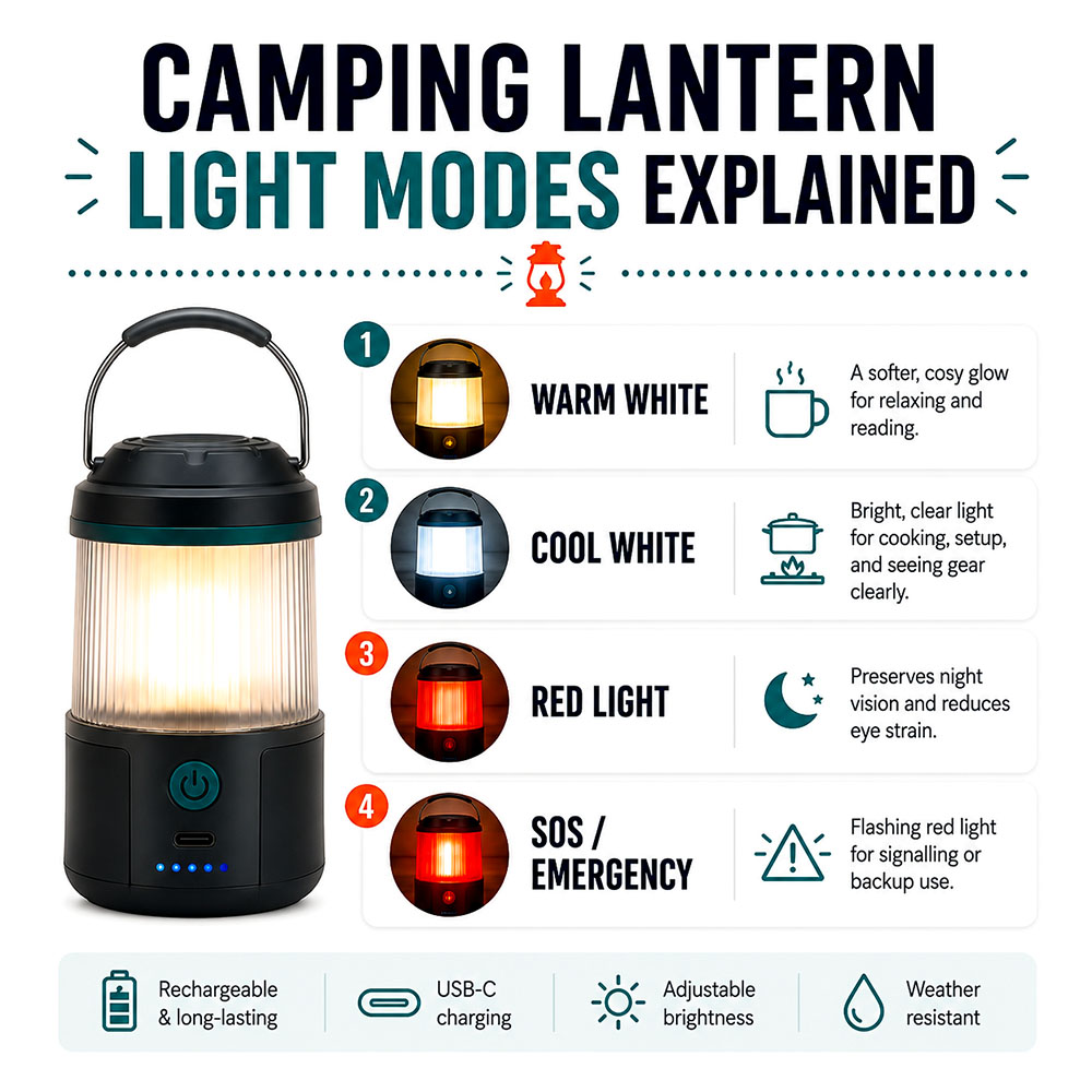 Infographic explaining camping lantern light modes including warm white, cool white, red light and SOS emergency settings.