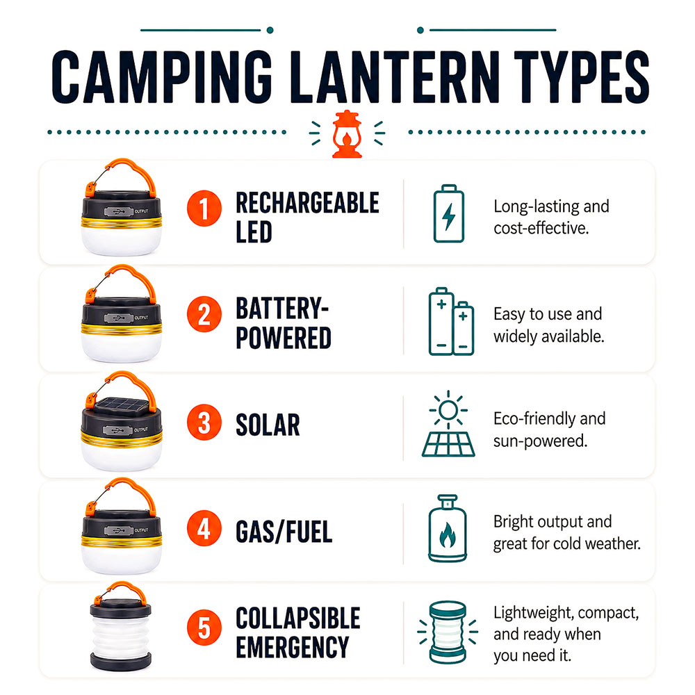 Infographic explaining rechargeable, battery-powered, solar, gas or fuel and collapsible emergency camping lantern types.