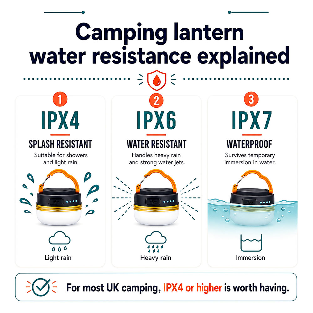 Infographic explaining IPX4, IPX6 and IPX7 camping lantern water resistance ratings for rain, splashes and immersion.