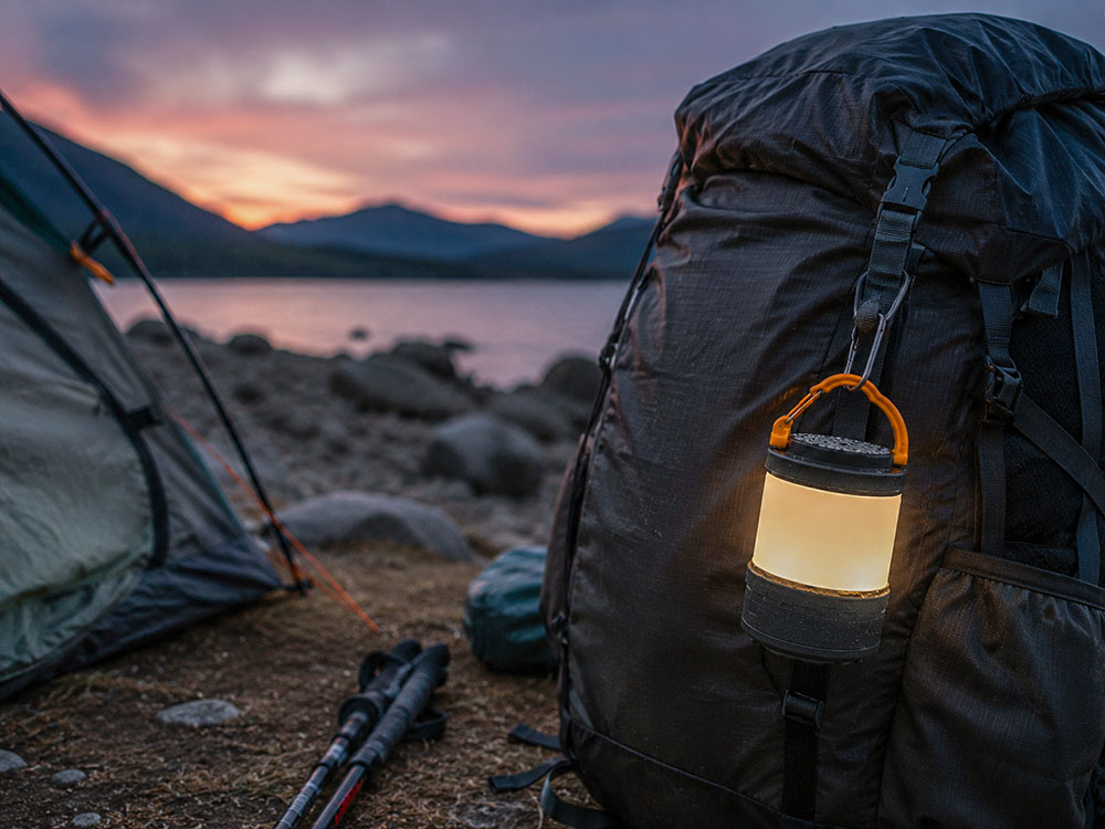 Compact lightweight camping lantern clipped to a hiking rucksack beside a lakeside tent at dusk.