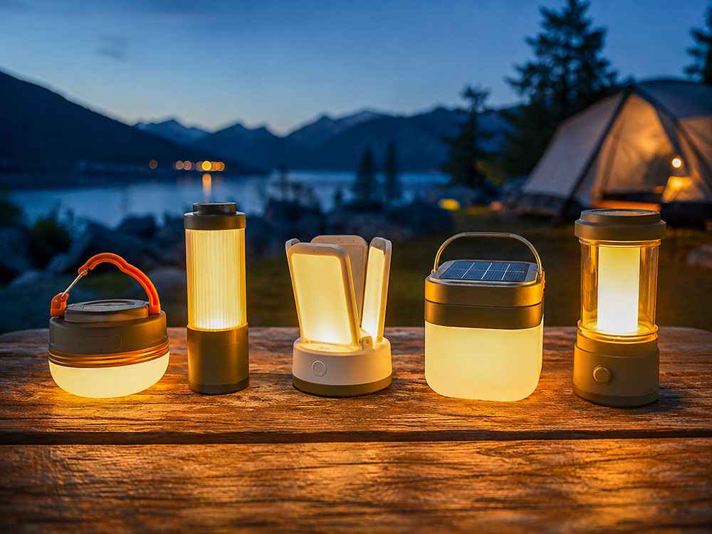 Line-up of modern camping lanterns lit on a wooden table at dusk beside a tent and mountain lake.