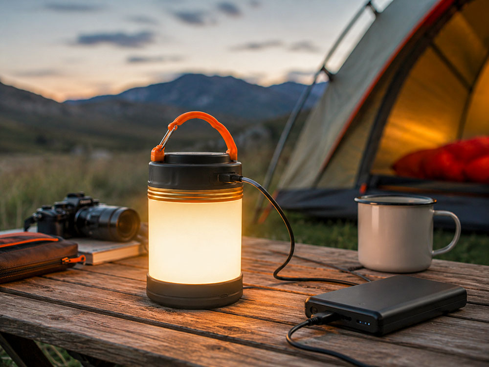 Rechargeable camping lantern connected to a portable power bank on a campsite table, with tent and mug nearby at dusk.