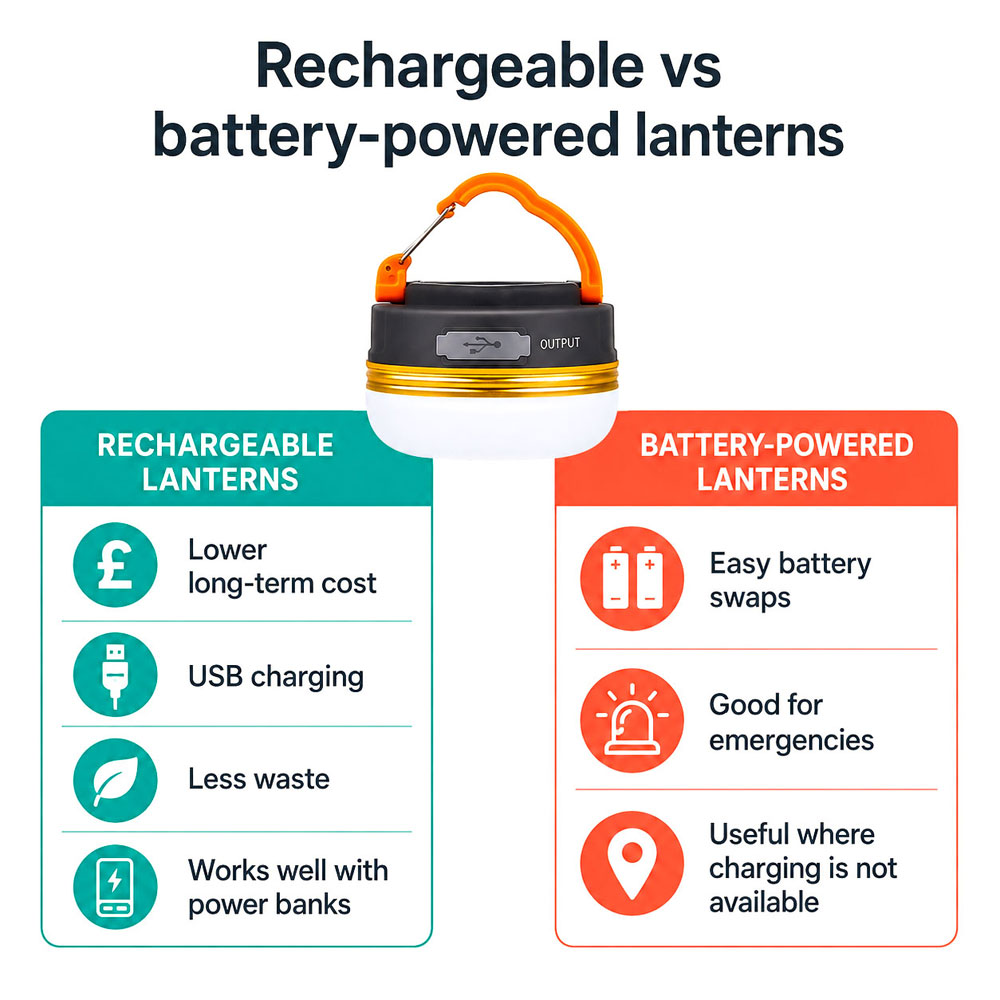 Infographic comparing rechargeable and battery-powered camping lanterns for UK campers, including charging, battery swaps and backup use.